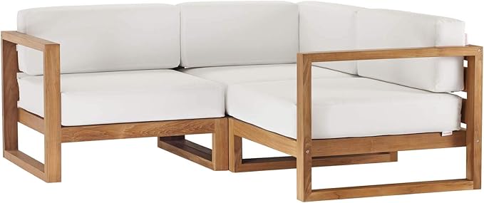 Modway EEI-4255-NAT-WHI-SET Upland Patio Teak Wood 3-Piece Sectional Sofa Set, Natural White
