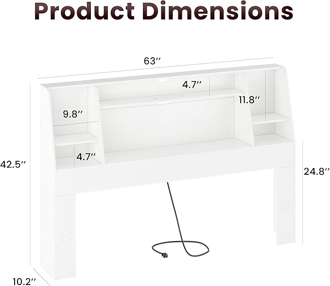 Queen/Full Headboard Queen Size with Storage, Wood Bookcase Headboard with Charging Station & 2 LED Lights, Modern Headboard Only for Queen Size Bed, Noise-Free, Sturdy and Durable, White