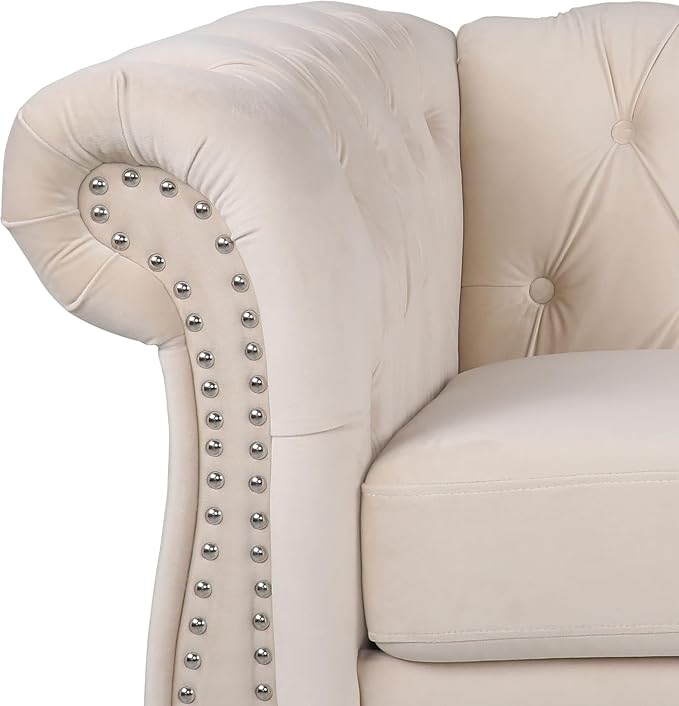 Chesterfield 3 Seater Sofa, Modern Velvet Tufted Couch 3 Seater with Rolled Arms and Nailhead Mid-Century Upholstered Couch for Living Room, Bedroom, Apartment and Office, Beige