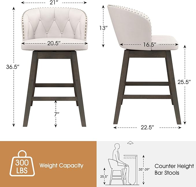 COSTWAY Counter Height Bar Stools Set of 4, Fabric Upholstered Island Stools with 360° Swivel Seat & Button-Tufted Back, Modern Pub Stools with Solid Rubber Wood Frame (Beige,4)