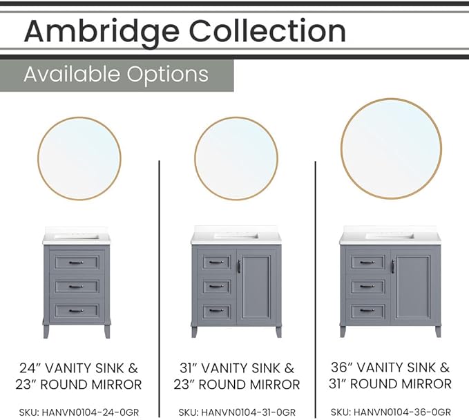 Hanover Ambridge 24'' Vanity Cabinet with Sink Combo for Bathroom, Powder Room, Pre-Assembled Cabinet, 2 Drawers, Accent Mirror, Artificial Stone Countertop, Gray Cabinet