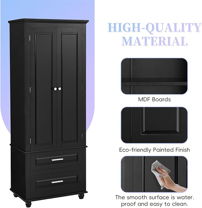 Polibi Tall Storage Cabinet with 2 Drawers, 3-Tier Adjustable Shelves & 2 Doors, Floor Freestanding Cabinet for Bathroom, Living Room, Black