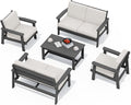 SERWALL HDPE Patio Furniture Set, 5 Piece All Weather Wood-Like Sectional Outdoor Furniture Set, Grey Patio Sofa Couch with Khaki Cushions for Deck, Lawn