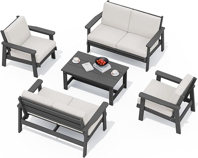 SERWALL HDPE Patio Furniture Set, 5 Piece All Weather Wood-Like Sectional Outdoor Furniture Set, Grey Patio Sofa Couch with Khaki Cushions for Deck, Lawn