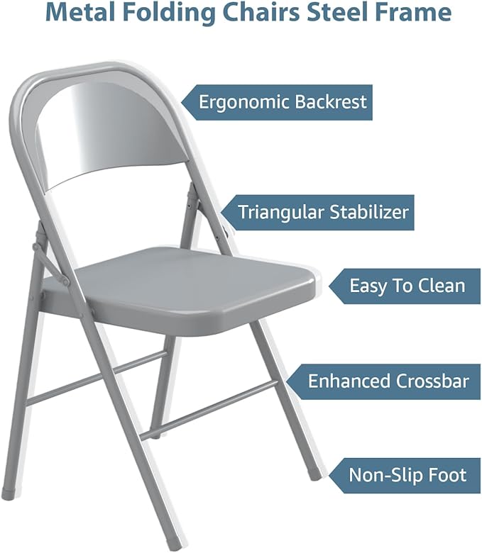 V&LX 4-Pack Double Hinged Chair 30" Metal Folding Steel Chairs Foldable Chair 4 Pack for Wedding Office Meeting Party Patio Outdoor Events, Set of 4,Grey