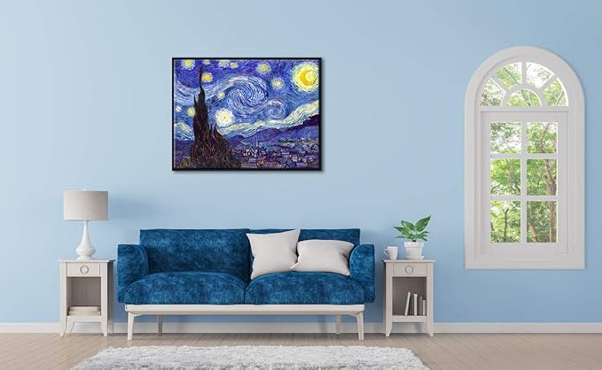 Wieco Art Framed Wall Art Canvas Prints of Starry Night by Vincent Van Gogh Paintings Reproduction Post-Impressionism Artwork Framed Wall Art for Living Room Home Decorations Black Frame