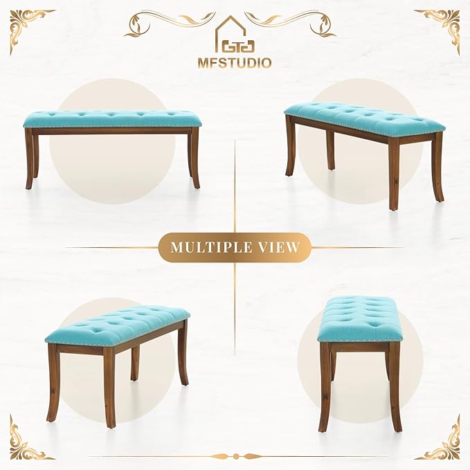 MFSTUDIO 44" Vintage Tufted Entryway Bench, Extra Large Memory Foam Upholstered Wood Ottoman Bench Dining Bench, Rectangle Tufted Fabric Bench for Living Room Hallway, Light Blue Cushion