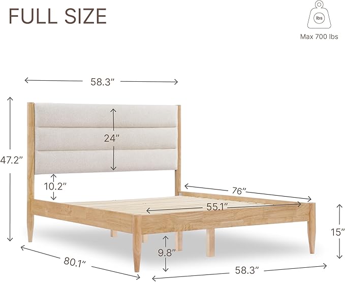 Wood Bed Frame with Headboard Upholstered Platform Mattress Foundation,Strong Wooden Slat Support,No Box Spring Needed