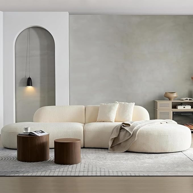 135.4" Sectional Curved Sofa Couch, Modern 6-Seater Boucle Fabric Sofa with Chaise, No Assembly Needed, L-Shaped Couch for Living Room, Apartment, Office (Beige, Right-Facing)