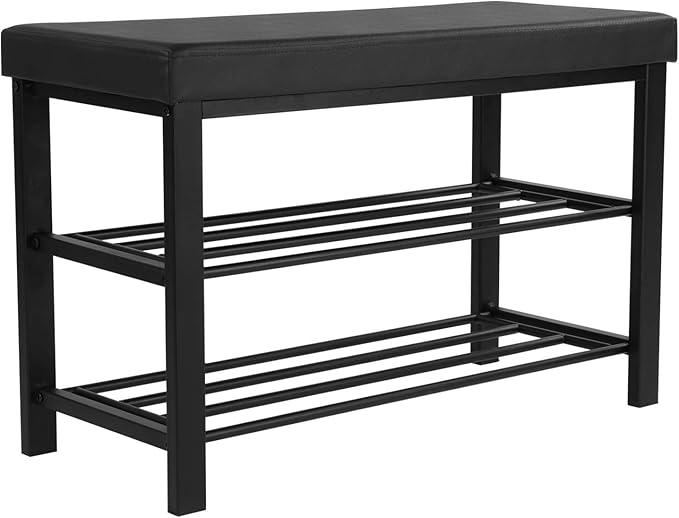 SONGMICS Shoe Bench, 3-Tier Shoe Rack for Entryway, Storage Organizer with Foam Padded Seat, Faux Leather, Metal Frame, for Living Room, Hallway, 12.2 x 31.9 x 19.3 Inches, Black ULBS58H