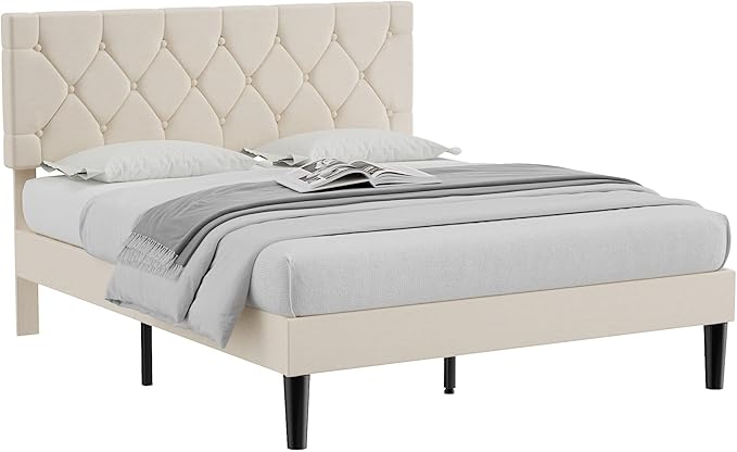 VECELO Full Size Bed Frame with Button Tufted Headboard, Upholstered Platform with Wooden Slat Support, No Box Spring Needed, Cream Beige