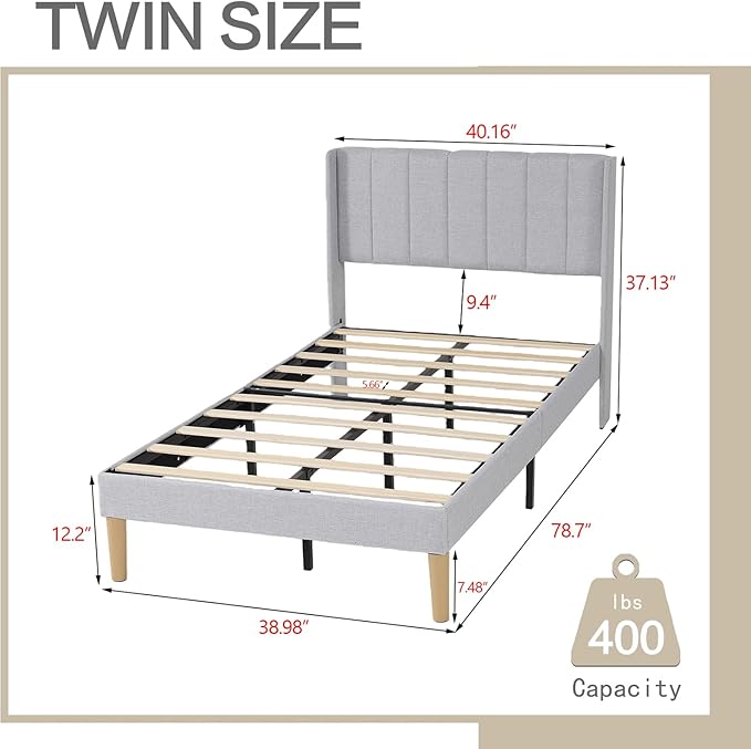 AGARTT Upholstered Platform Bed Frame Twin Size with Headboard and Footboard/Wooden Slats Support/No Box Spring Needed/Easy Assembly,Light Grey Linen