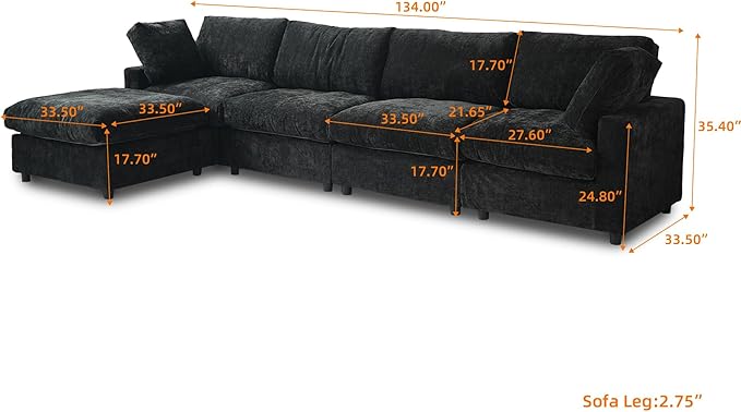 Cloud Couch Modular Sectional Sofa,134" L Shaped Couch, Oversized Convertible Wide Seater,4 Seater with Ottoman for Living Room Set, Covers Washable&Replaceable,Black