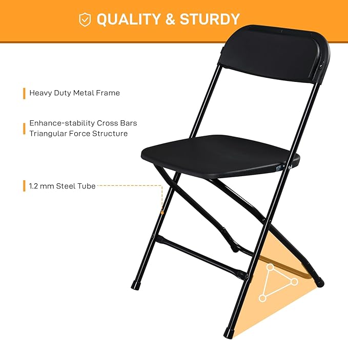 100 Pack Black Plastic Folding Chairs, Portable Party Chairs, Stackable Commercial Seats with Steel Frame for Home Office Wedding Party Indoor Outdoor Events Chairs, 350lbs Capacity