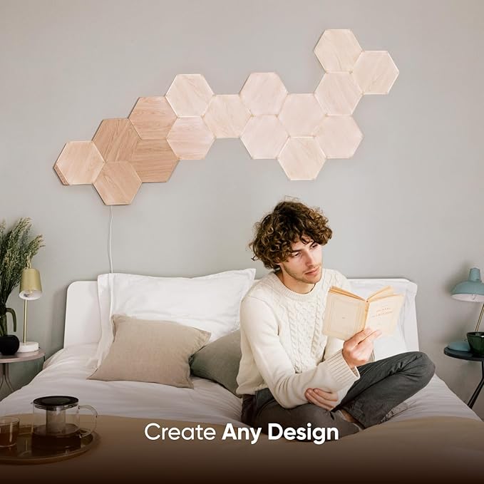Nanoleaf Elements Wood Look Smart Wall Lights, Hexagon LED Wall Lights work with Alexa Google Assistant, Home Wall Decor for Living Room with Music Sync, Touch Control, Ambient Lighting, 7 PK