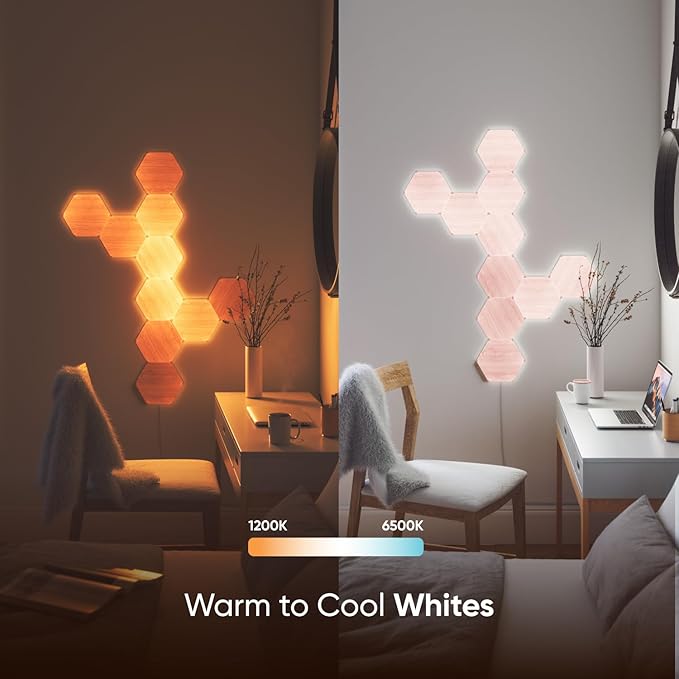 Nanoleaf Elements Wood Look Smart Wall Lights, Hexagon LED Wall Lights work with Alexa Google Assistant, Home Wall Decor for Living Room with Music Sync, Touch Control, Ambient White 1500-4000K, 13 PK