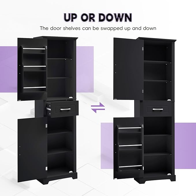 Bathroom Tall Storage Cabinet, Floor Freestanding Storage Cabinet with 2 Doors, One Drawer, Door Shelve Design, and Adjustable Shelf for Bathroom, Office, Multi-Use Organizer, Black