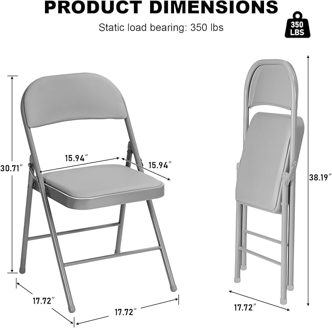 12 Pack Gray Folding Chairs with Padded Cushion for Outside, Portable Stackable Commercial Metal Foldable Chairs with Steel Frame for Home Events Office Wedding Party, 350lbs Capacity
