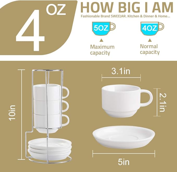 Sweejar Porcelain Espresso Cups with Saucers, 4 Ounce Stackable Cappuccino Cups with Metal Stand for Coffee Drinks, Latte, Tea - Set of 4 (Gray)