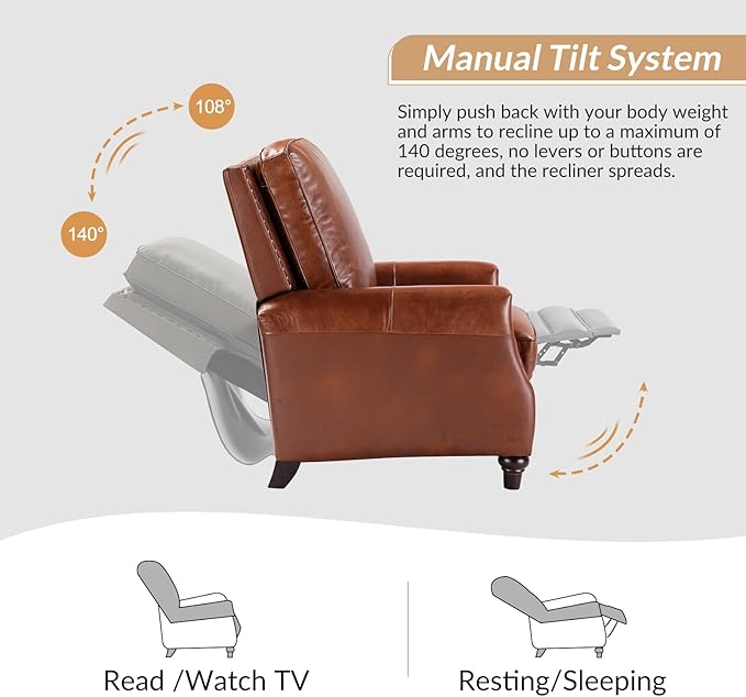 HULALA HOME Genuine Leather Recliner Chair, Classic Push Back Recliner Armchair with Thick Seat and Backrest (Saddle)