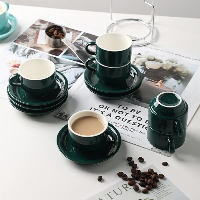 Sweejar Porcelain Espresso Cup & Saucer Set, Stackable Demitasse Cups with Metal Stand, 2.5 OZ for Latte,Coffee,Cafe Mocha,Tea, Set of 6 (Black)