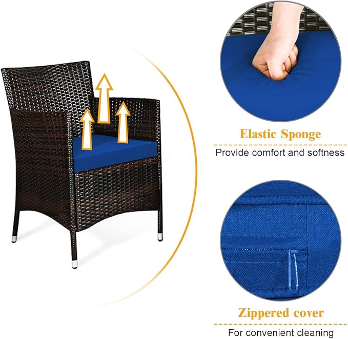 COSTWAY 4PCS Rattan Patio Furniture Set, Outdoor Wicker Rattan Chairs with Coffee Table, Rattan Cushioned Conversation Set for Backyard Balcony Porch Poolside, Navy