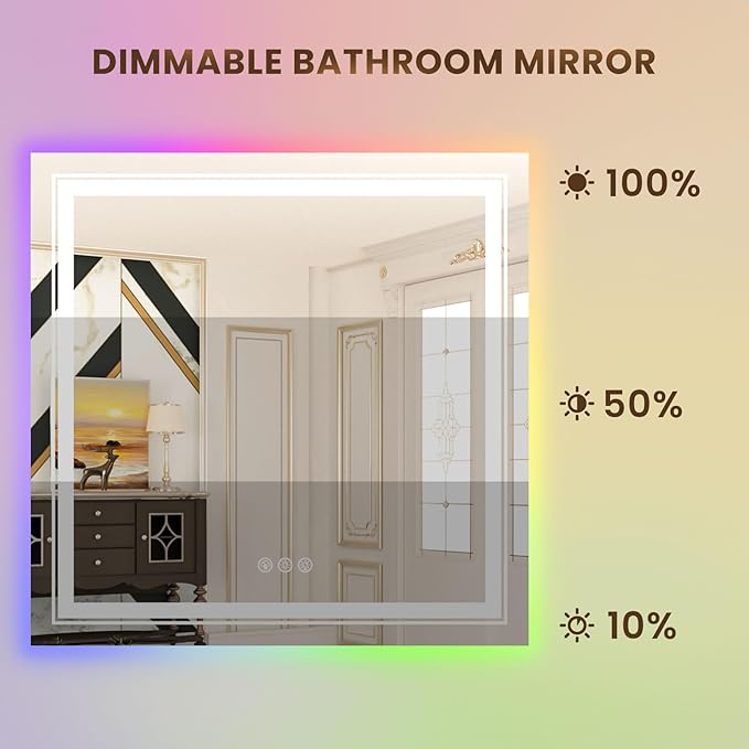 WTTY RGB LED Bathroom Mirror 36"x36" with Backlit and 3 Front Light,Stepless Dimmable LED Mirror for Bathroom,Lighted Bathroom Vanity Mirror for Wall,Anti-Fog,Memory Function,Shatter-Proof
