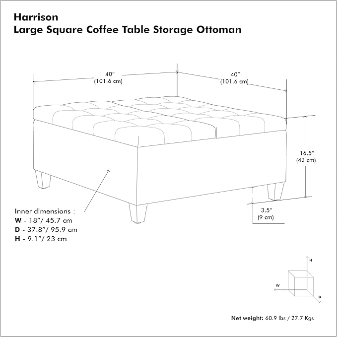 SIMPLIHOME Harrison Large Coffee Table Storage Ottoman - 40 inch Wide Upholstered Linen Look Fabric Square Lift-Top Ottoman in Slate Grey, Transitional Bench for Living Room with Sturdy Base