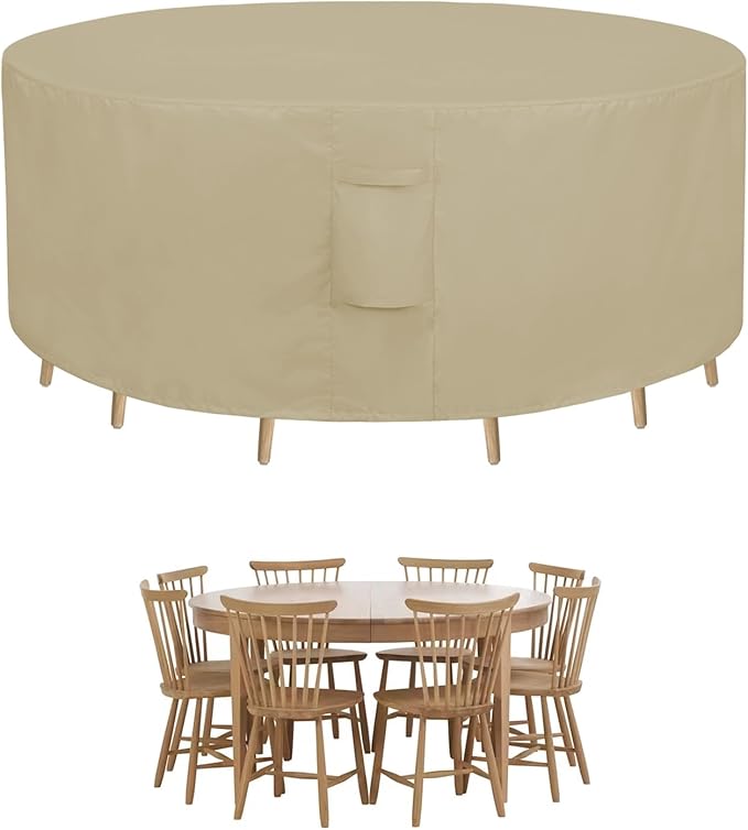 Easy-Going Round Patio Furniture Cover Waterproof Outdoor Dining Table and Chair Cover Anti-UV Outside Sectional Sofa Set Covers (62"DIA x 28"H, Camel)