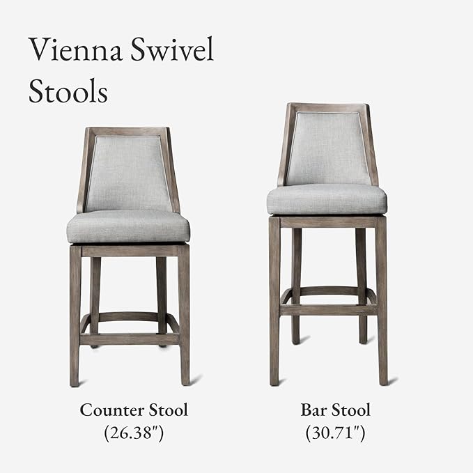 Maven Lane Vienna Counter Stools 26 Inches – Set of 4 – Swivel Stools with Footrests – Grey Solid Wood and Grey Fabric Upholstery – Ideal for Kitchen Islands and Counters