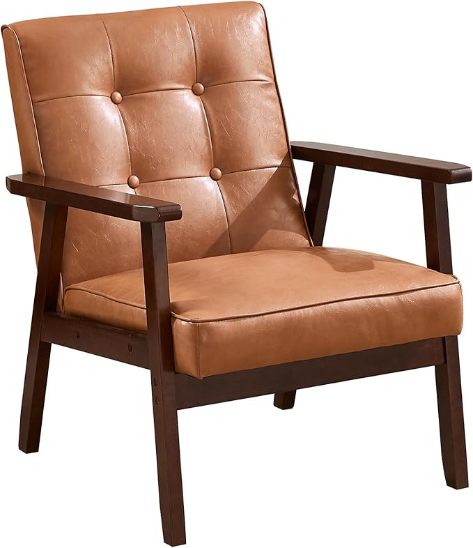 ANJ Mid Century Modern Accent Chair for Living Room, Tufted Faux Leather Armchair, Comfy Retro Bedroom Side Chair with Dark Wood Frame, Orange Brown
