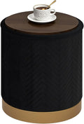 B FSOBEIIALEO Ottoman with Stroage, Round Velvet Storage Ottoman with Gold Plating Base,Foot Rest Stool for Dorm Room, Living Room Black, 14.76"x14.76"x16.35"
