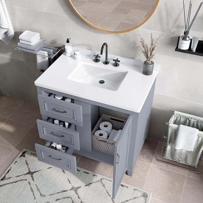 Hanover Ambridge 36'' Vanity Cabinet with Sink Combo for Bathroom, Powder Room | Pre-Assembled Cabinet | 1 Door, 3 Drawers | Artificial Stone Countertop, Gray Cabinet