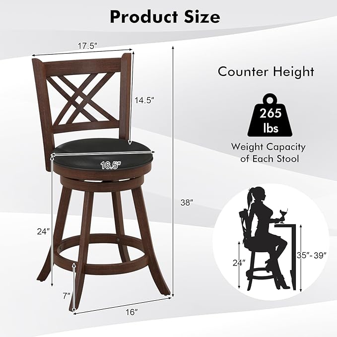 COSTWAY Bar Stool Set of 4 for Kitchen Island, Swivel Upholstered Counter Height Barstools with PU Surface, Rubber Wood Frame, 360° Rotatable Seat, Curved Back, Sturdy Footrest (4, 24" Seat Height)