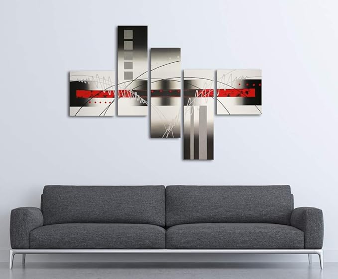 Wieco Art Stretched and Framed 100% Hand-Painted Modern Canvas Wall Art Decor Perfect White Lines Home Decoration Abstract Oil Paintings on Canvas 5pcs/Set