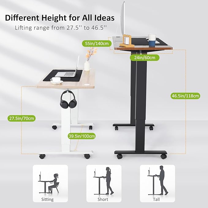 farexon Electric Standing Desk Adjustable Height, 55x24 Inches Computer Desk with 4 Preset Heights, Double Metal Hook, Rolling Wheels, Multifunctional Stand up Desk for Home/Office(White)
