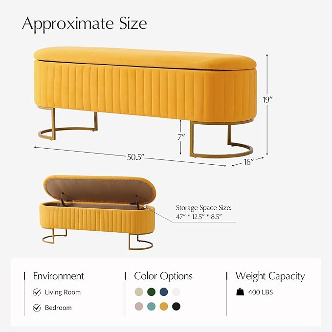 EcoHarbor Living 50.5" Bedroom Velvet Storage Bench,Upholstered End of Bed Bench with Gold Legs,Entryway Footrest Seat, Mustard