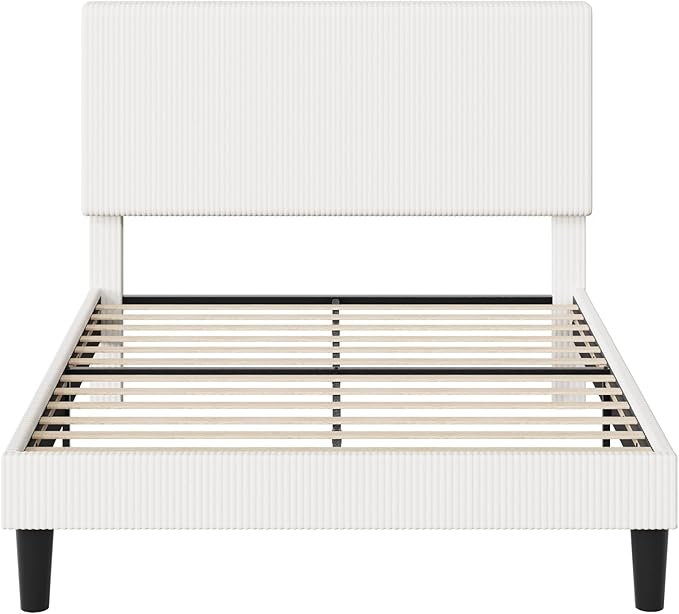 Allewie Queen Size Upholstered Bed Frame with Vertical Channel Tufted Headboard, Soft Corduroy Fabric Platform Bed, Strong Wooden Slats Support, Easy Assembly, No Box Spring Needed, White