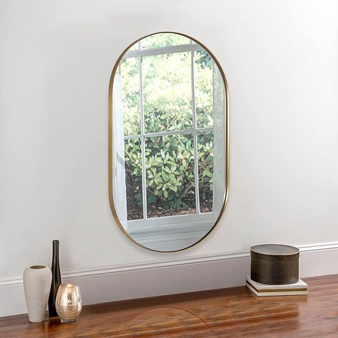ANDY STAR Brushed Gold Bathroom Mirror, 48 x 30 Inch Oval Vanity Mirror, Brushed Brass Mirror for Wall in Stainless Steel Metal Frame 1’’ Deep Wall Mounted Horizontal/Vertical