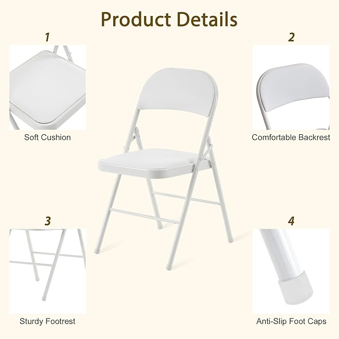 White Folding Chairs 20 Pack with Comfortable Cushion and Back, Portable & Foldable Indoor Outdoor Chairs with Durable Metal Frame for Office/Party/Events/Kitchen/Dinning/Wedding, 330lbs Capacity