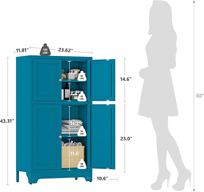 Blue Bathroom Floor Cabinet, Metal Storage Cabinet with 2 Adjustable Shelves & 4 Doors,Freestanding Sideboard for Dining Room,Living Room, Home Office