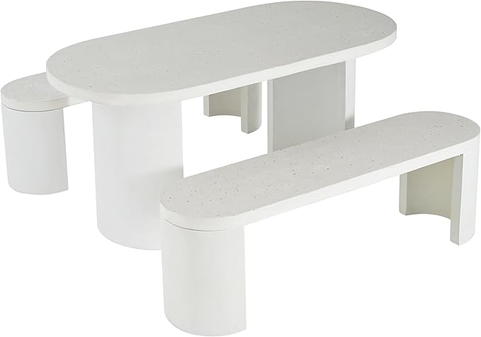 Christopher Knight Home Vicla 3 Pieces Durable Concrete Outdoor Dining Set with Stylish Terrazzo Finish, Patio Dining Table with 2 Benches, Oval Outdoor Patio Furniture Set with Pedestal Base, White