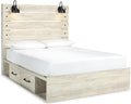 Signature Design by Ashley Cambeck Farmhouse Queen Panel Platform Bed with 2 Storage Drawers, Cubbies, Sconce Lights and USB Ports, Foundation or Box Spring Not Needed, Whitewash