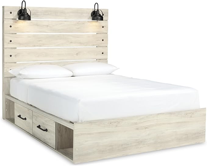 Signature Design by Ashley Cambeck Farmhouse Queen Panel Platform Bed with 2 Storage Drawers, Cubbies, Sconce Lights and USB Ports, Foundation or Box Spring Not Needed, Whitewash