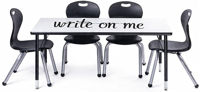 Chair and Table Set for Schools - Dry Erase Table About 24 x 48 inch (60 x 120cm) - Height Adjustable Legs -Spray Edges - and Four Luxurious Classroom Chairs - for Commercial Spaces