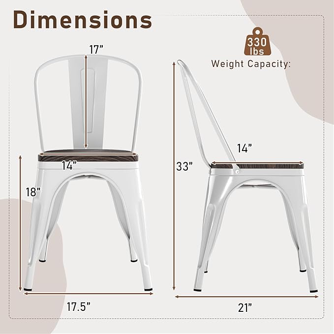 COSTWAY 18 Inch Dining Chair Set of 4, Industrial Vintage Stackable Metal Chairs, Counter Bar Chairs with High Backrest, Wood Seat, for Home, Kitchen and Cafe Bar Use