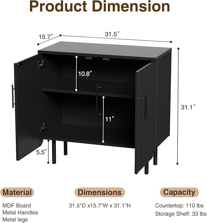 Buffet Cabinet with Storage, Sideboard with 2 Doors, Adjustable Shelf, Fluted Accent Cabinet for Living Room, Modern,Black