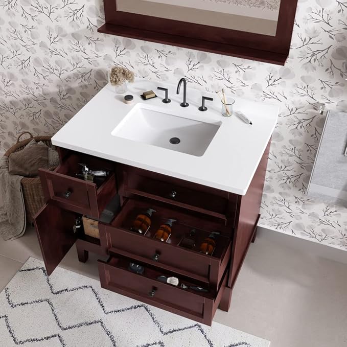 Hanover 36 Set Includes w, Brown Bedford 36'' Vanity Sink Combo for Bathroom, Powder Room | Pre-Assembled 1 Door, 3 Drawers | Accent Mirror | Artificial Stone Countertop, Cabinet, 36 inches