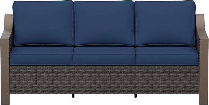 75" Patio Metal Wicker Sofa, 3-seat Deep Seat & Upholstered Couch, Outdoor All-Weather Rattan Loveseat with Washable Cushions, Steel Frame Couch, Garden (Navy Blue)