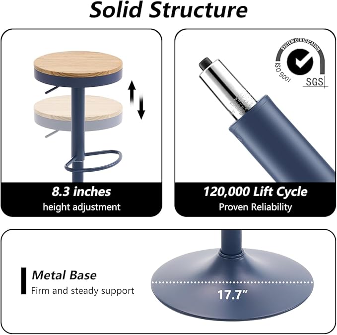 Kidol & Shellder Bar Stools Set of 6 Round Adjustable Swivel Barstools Modern Backless Bar Chairs Wooden Seat Counter Height Stools Armless for Kitchen Island, Cafe, Dining Room Blue